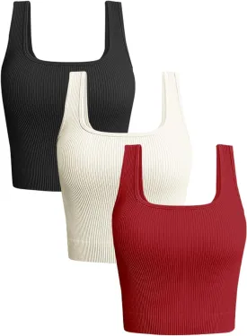 OLCHEE Womens 3 Pack Crop Tank Tops Basic Seamless Ribbed Sleeveless Square Neck Workout Top Summer Exercise Yoga Gym Shirts