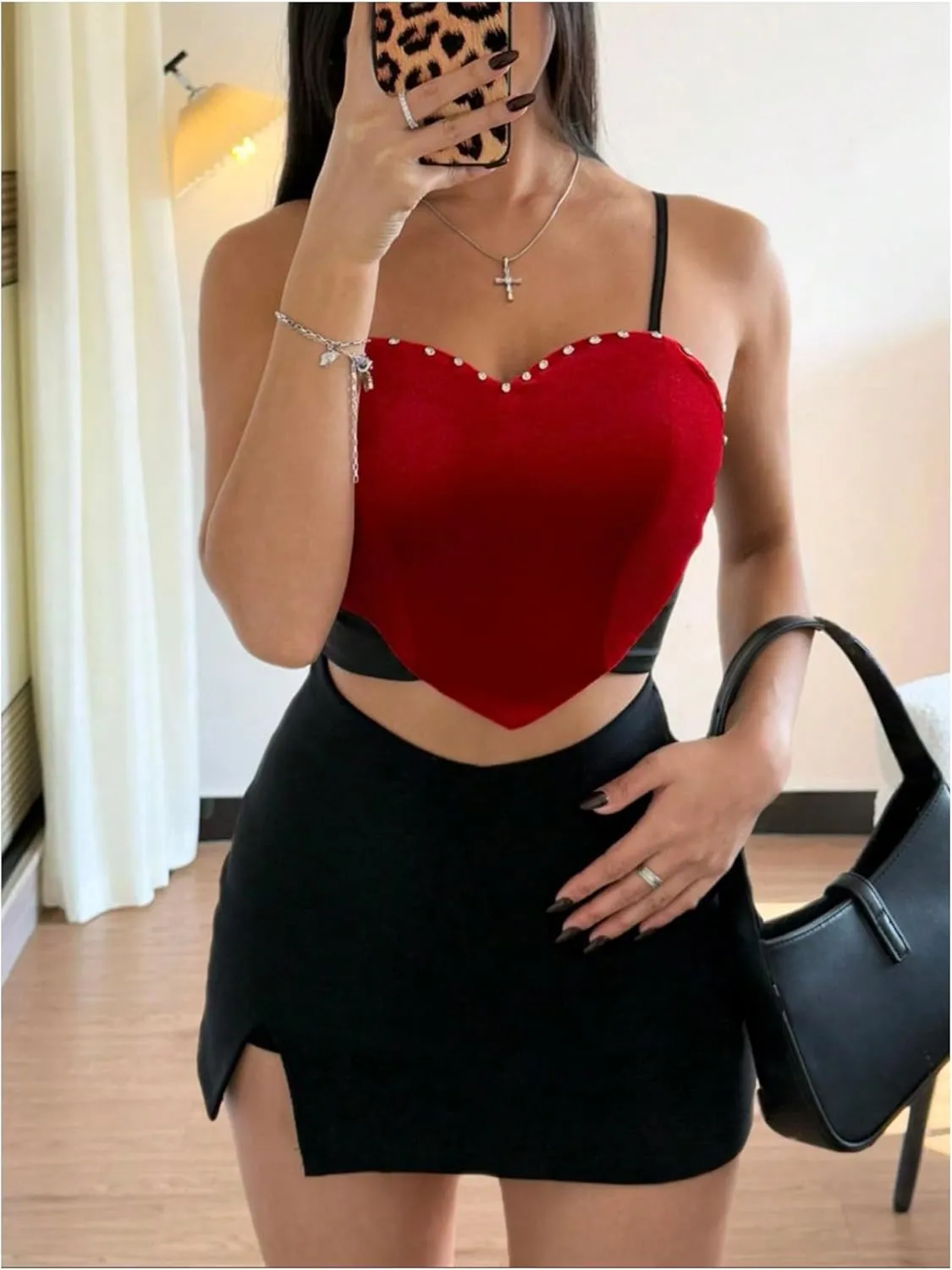 OYOANGLE Women's Rhinestone Sparkly Heart Velvet Cami Top Party Spaghetti Strap Fitted Camisole Crop Tops