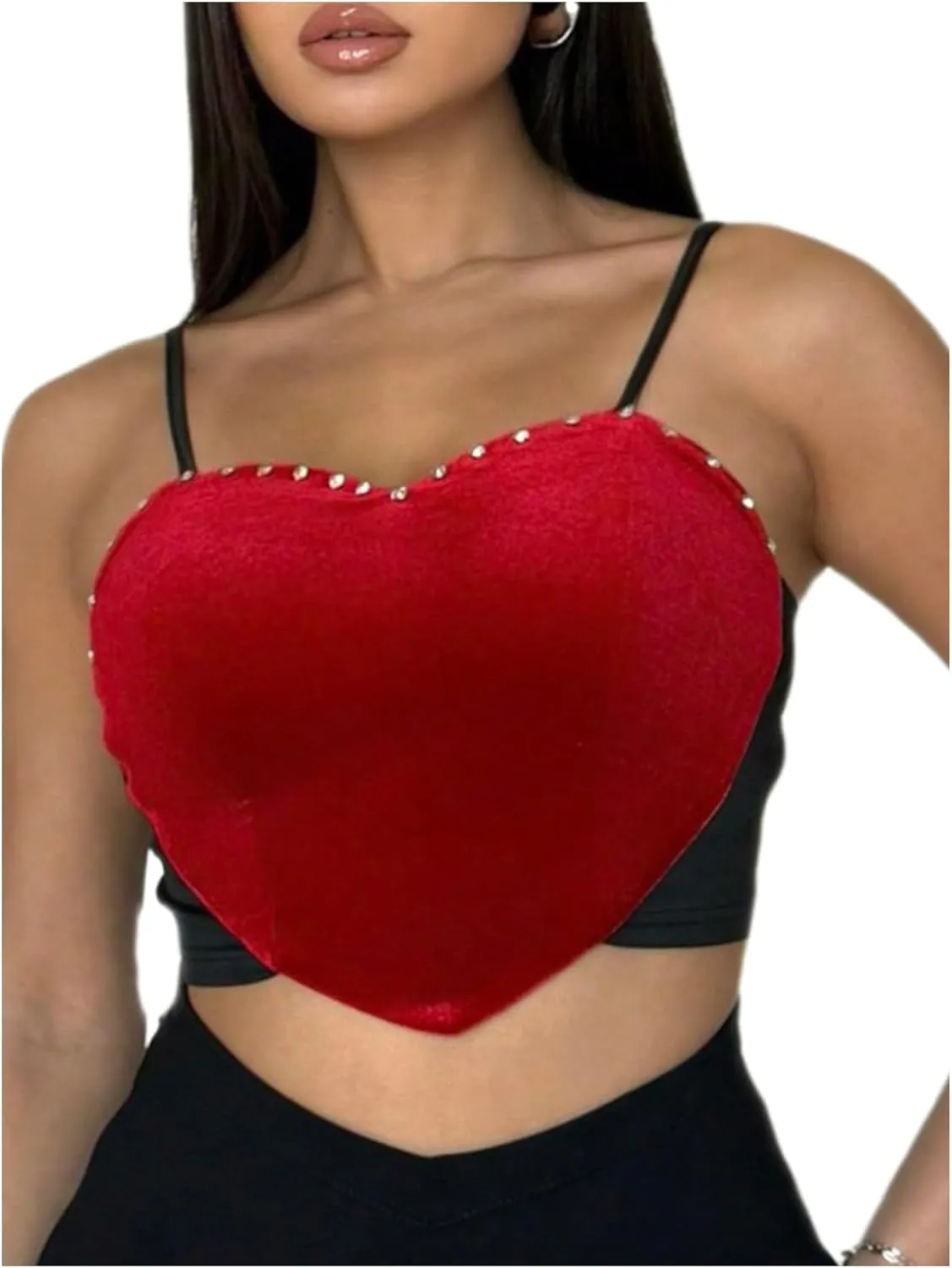 OYOANGLE Women's Rhinestone Sparkly Heart Velvet Cami Top Party Spaghetti Strap Fitted Camisole Crop Tops