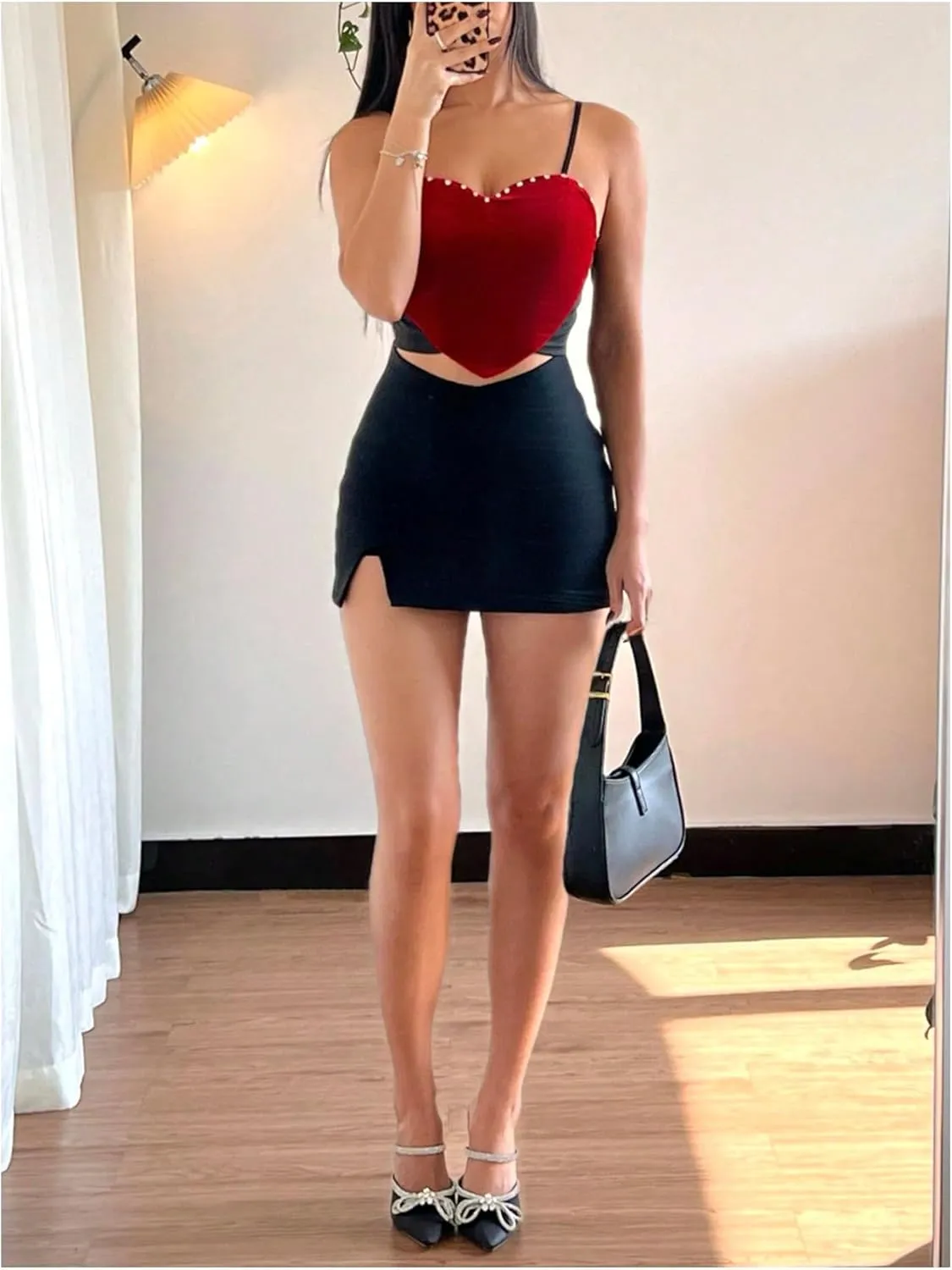 OYOANGLE Women's Rhinestone Sparkly Heart Velvet Cami Top Party Spaghetti Strap Fitted Camisole Crop Tops