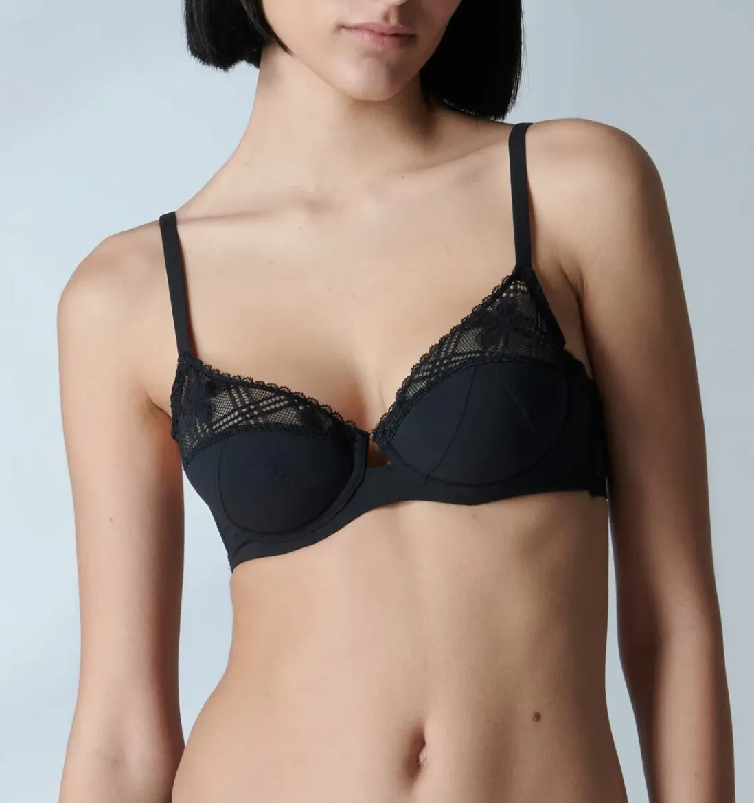 Plaid mesh push up bra [Black]
