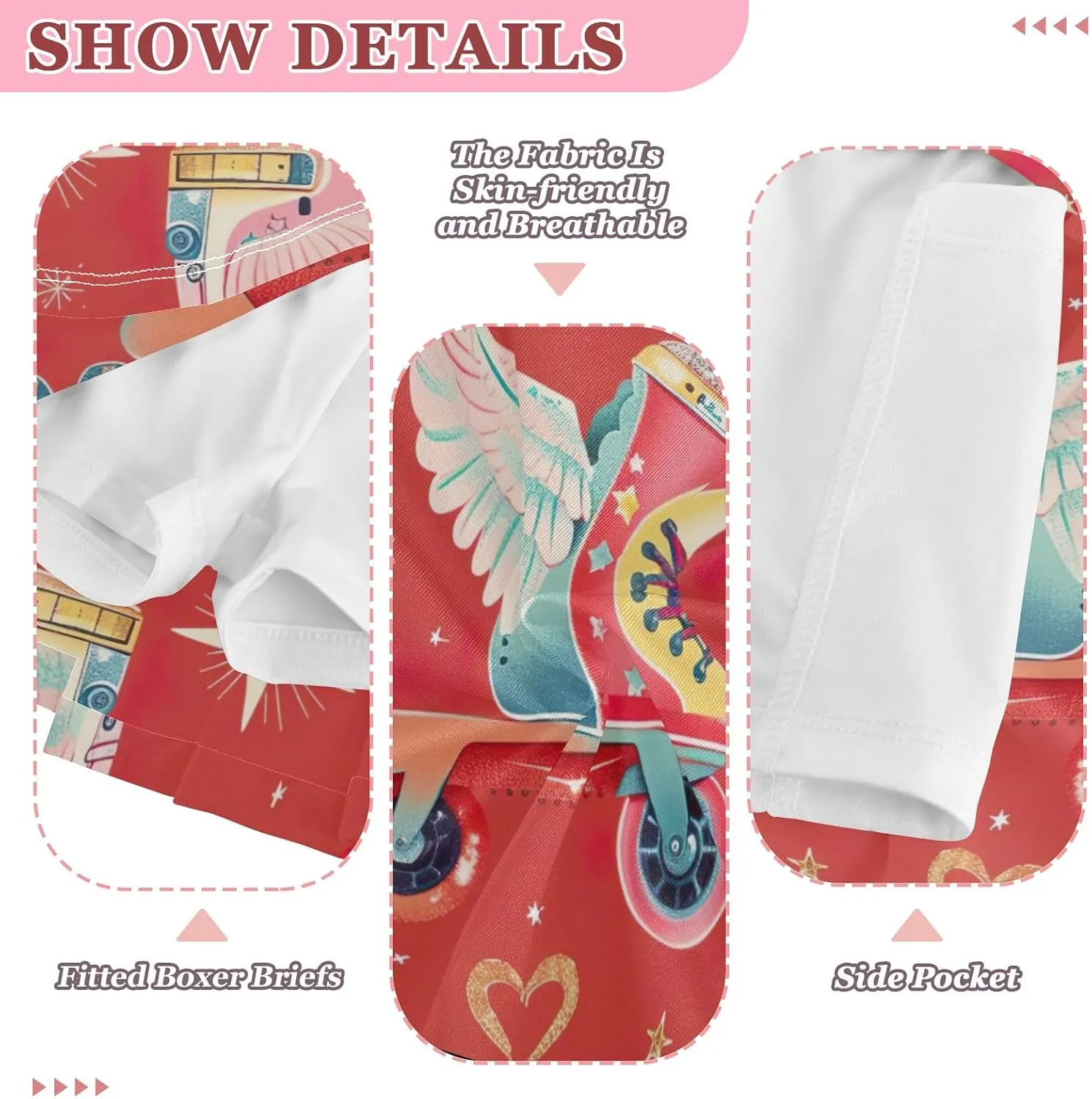 Playful Cartoon Roller Skates Red Girls' Tennis Skirt Pleated Cheer Athletic Skort Kids Dance Skorts with Shorts