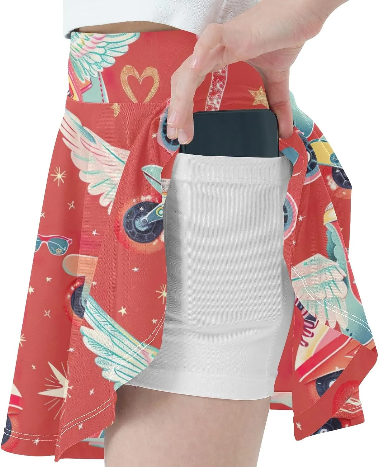 Playful Cartoon Roller Skates Red Girls' Tennis Skirt Pleated Cheer Athletic Skort Kids Dance Skorts with Shorts