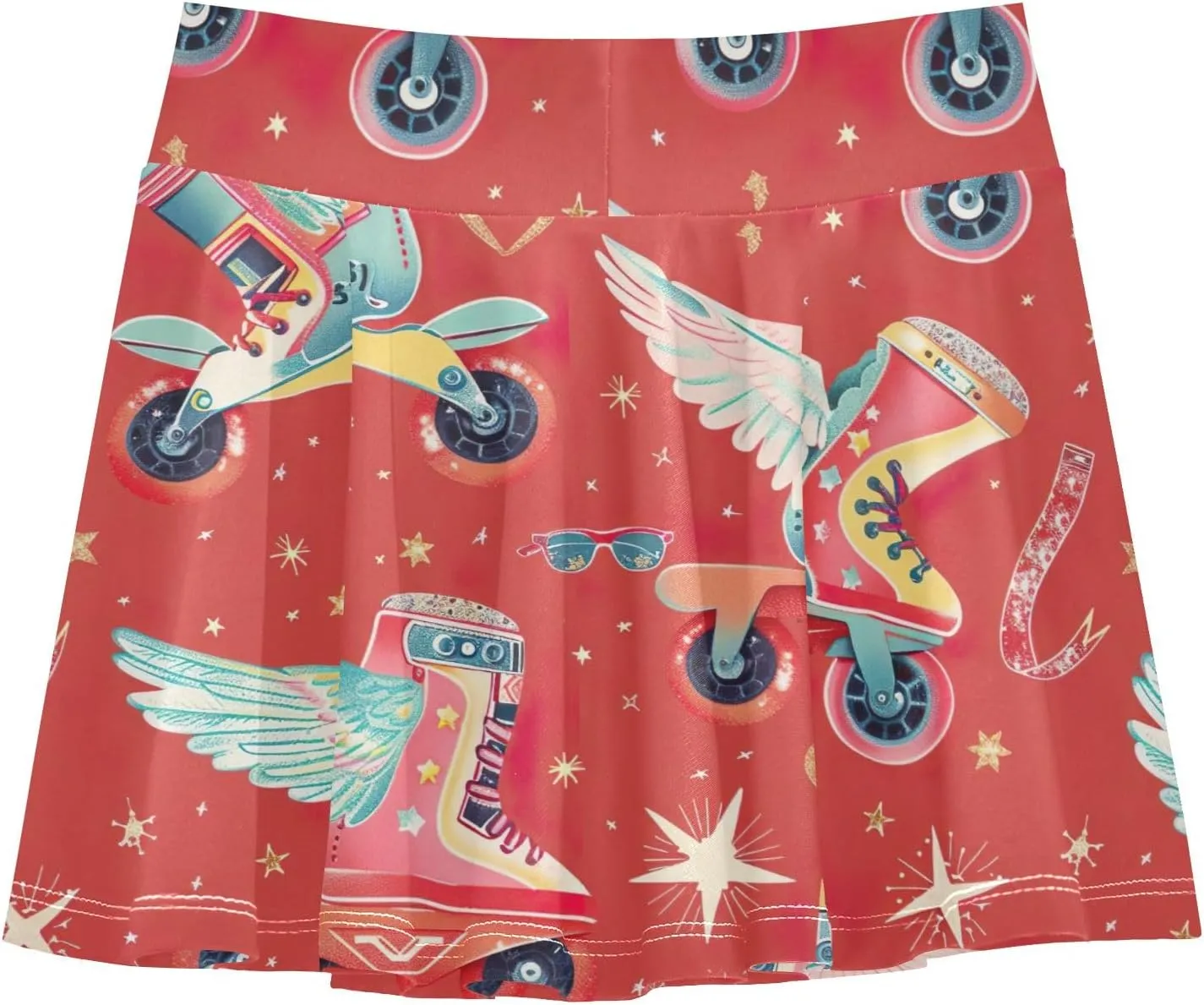 Playful Cartoon Roller Skates Red Girls' Tennis Skirt Pleated Cheer Athletic Skort Kids Dance Skorts with Shorts