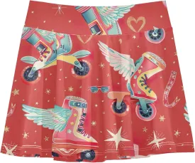 Playful Cartoon Roller Skates Red Girls' Tennis Skirt Pleated Cheer Athletic Skort Kids Dance Skorts with Shorts