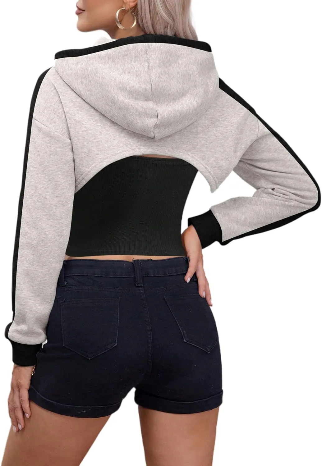 Remidoo Women Super Crop Top Pullover Sweatshirt Long Sleeve Drawstring Hoodie