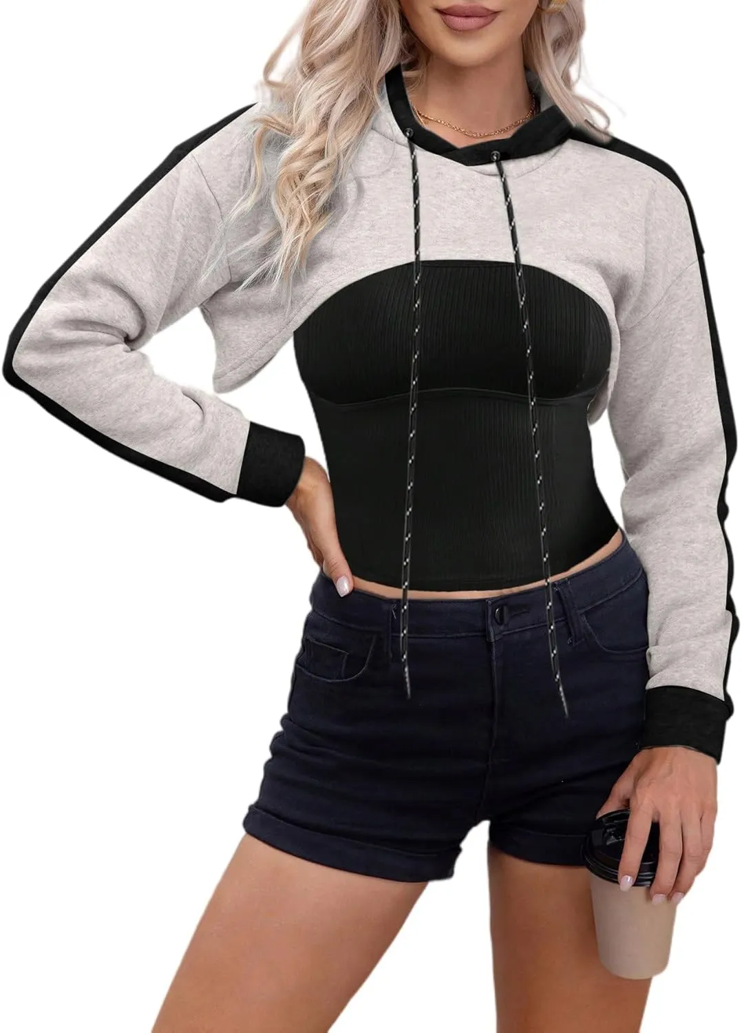 Remidoo Women Super Crop Top Pullover Sweatshirt Long Sleeve Drawstring Hoodie