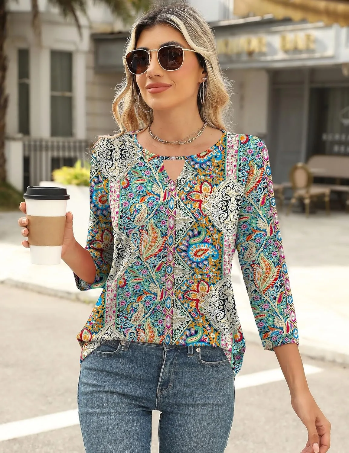 Romanstii 3/4 Length Sleeve Womens Tops Keyhole Crewneck Shirts Business Dressy Casual Tunic Blouses Summer Basic Tees