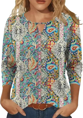 Romanstii 3/4 Length Sleeve Womens Tops Keyhole Crewneck Shirts Business Dressy Casual Tunic Blouses Summer Basic Tees