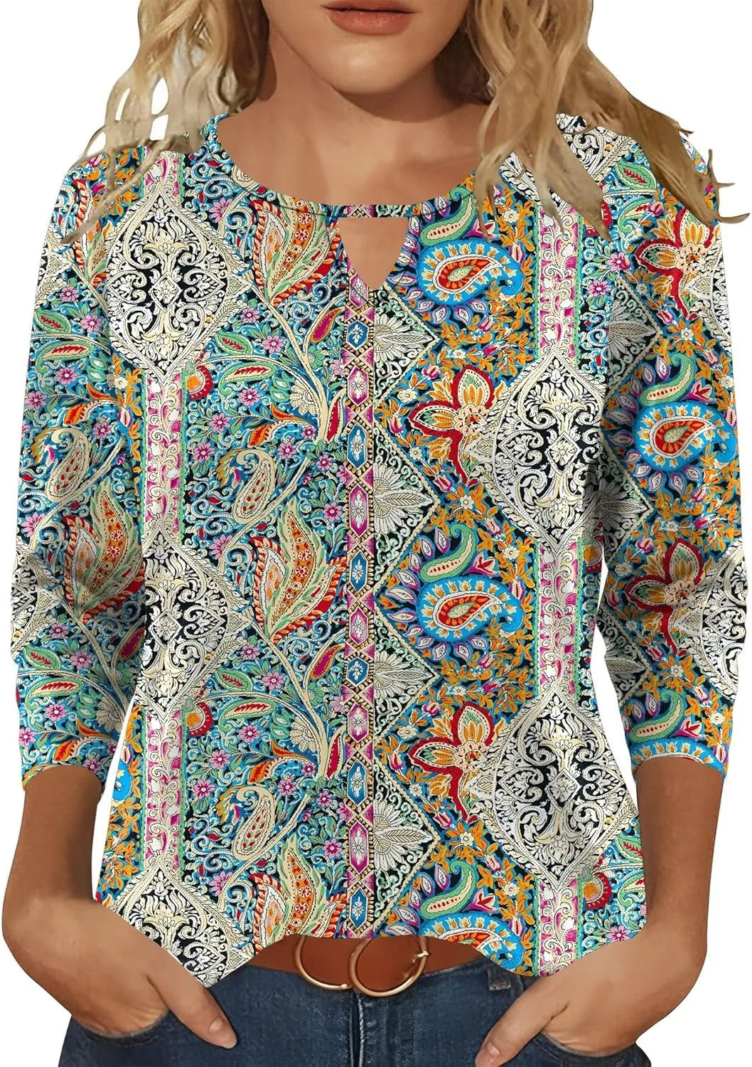 Romanstii 3/4 Length Sleeve Womens Tops Keyhole Crewneck Shirts Business Dressy Casual Tunic Blouses Summer Basic Tees