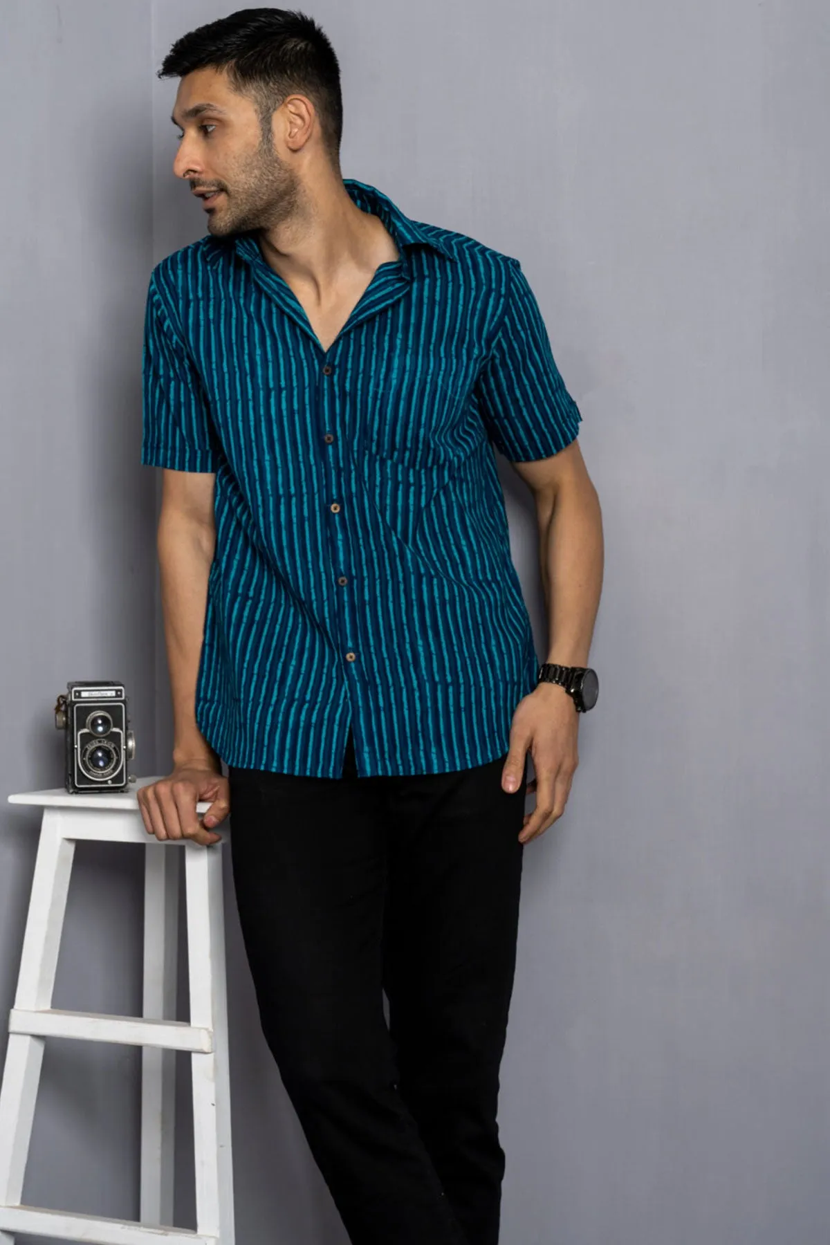 Teal Blue lining print cotton shirt half sleeves