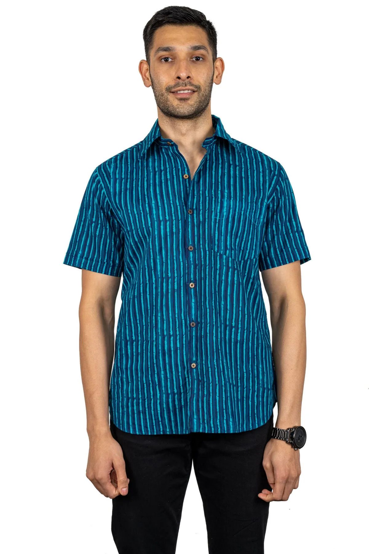 Teal Blue lining print cotton shirt half sleeves