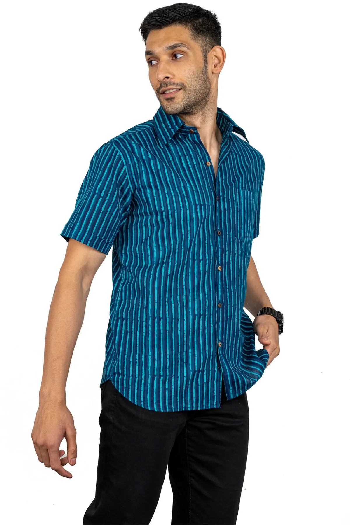 Teal Blue lining print cotton shirt half sleeves