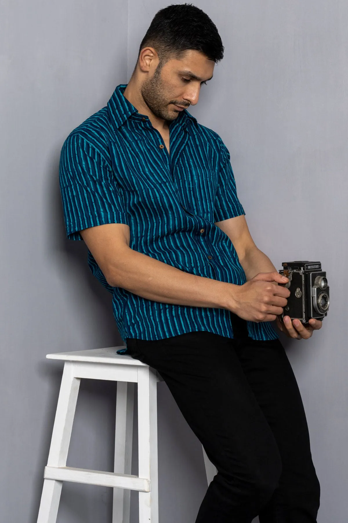 Teal Blue lining print cotton shirt half sleeves