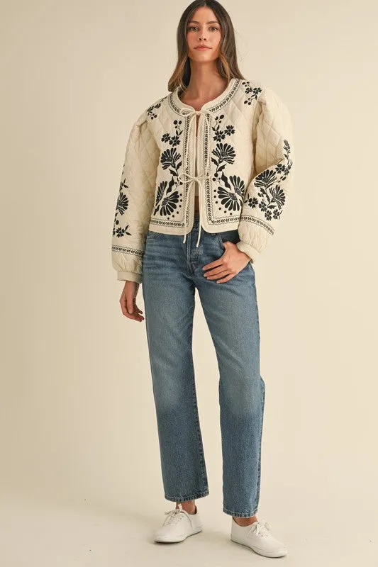 Waitlist 12/11 ♥ Lena Long Sleeve Floral Embroidered Front Tie Quilted Shacket Ivory