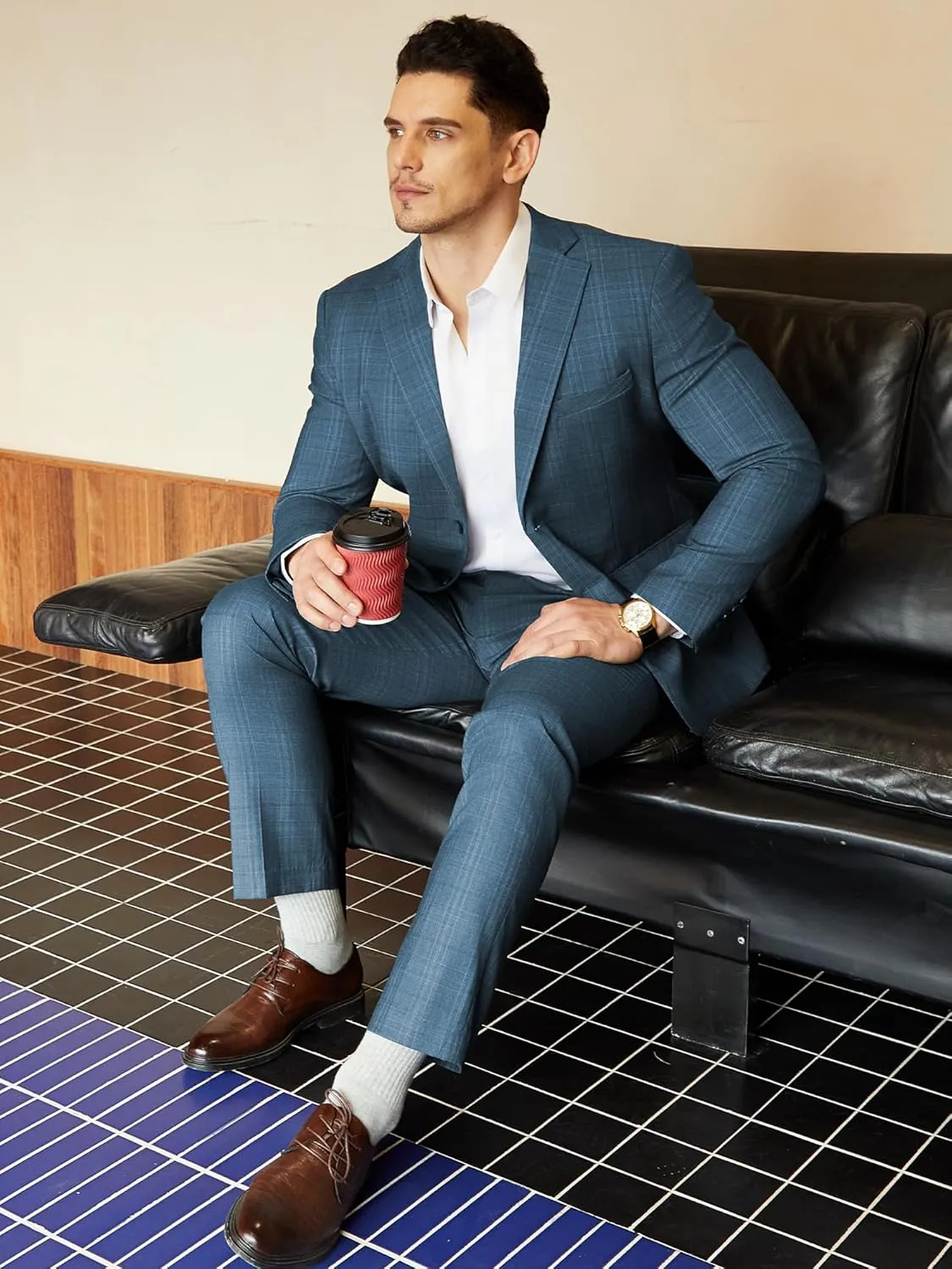 WEEN CHARM Men's 2 Piece Slim Fit Plaid Suit Business Casual Blazer Pants Set for Formal Wedding Prom Office Party