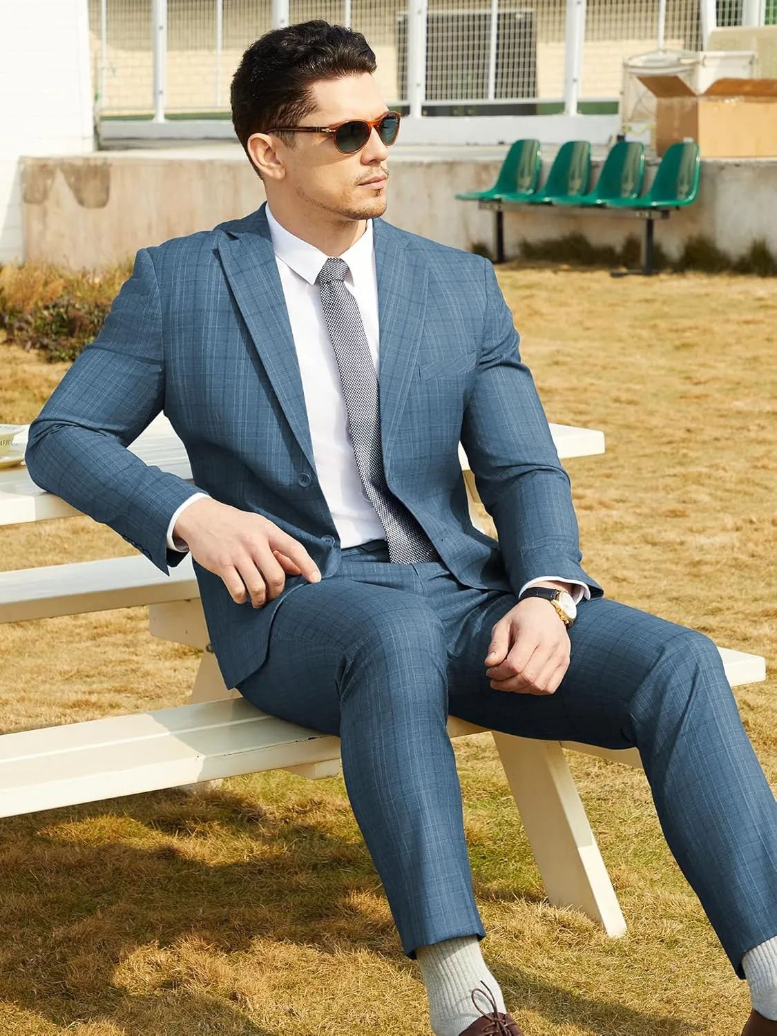 WEEN CHARM Men's 2 Piece Slim Fit Plaid Suit Business Casual Blazer Pants Set for Formal Wedding Prom Office Party