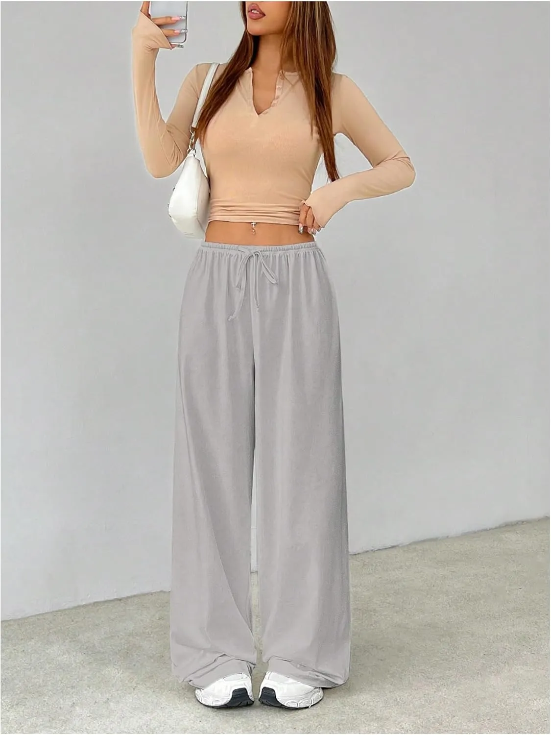 Women's Baggy Wide Leg Pants Elastic Drawstring Waist Casual Sweatpants Trousers