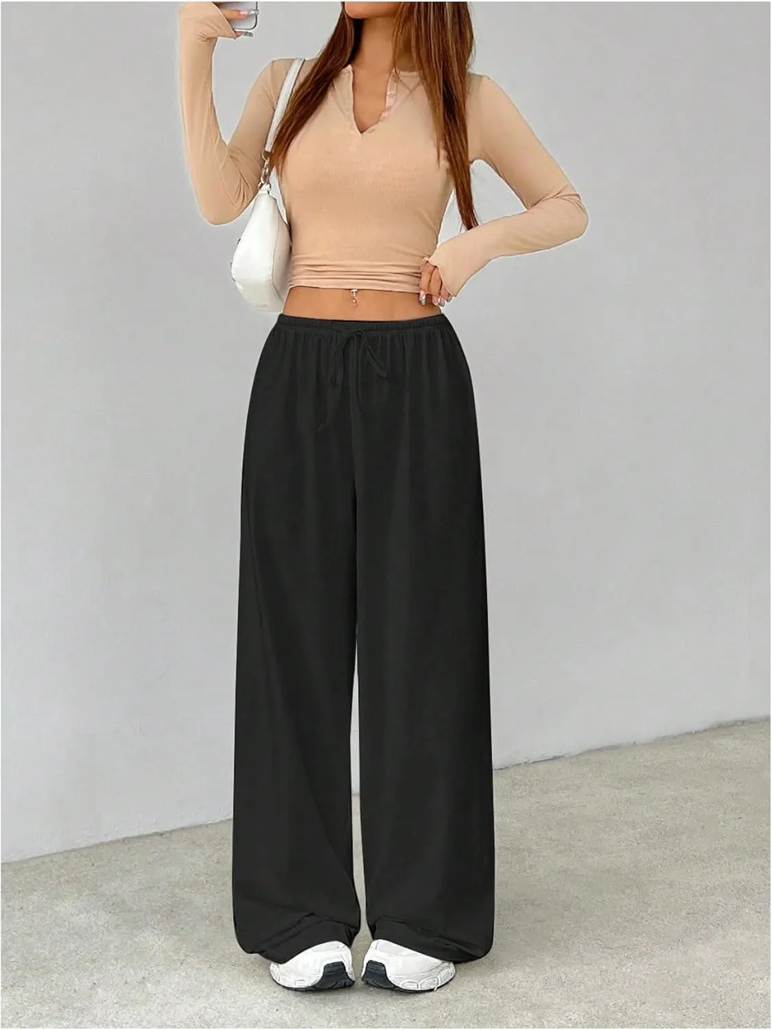 Women's Baggy Wide Leg Pants Elastic Drawstring Waist Casual Sweatpants Trousers