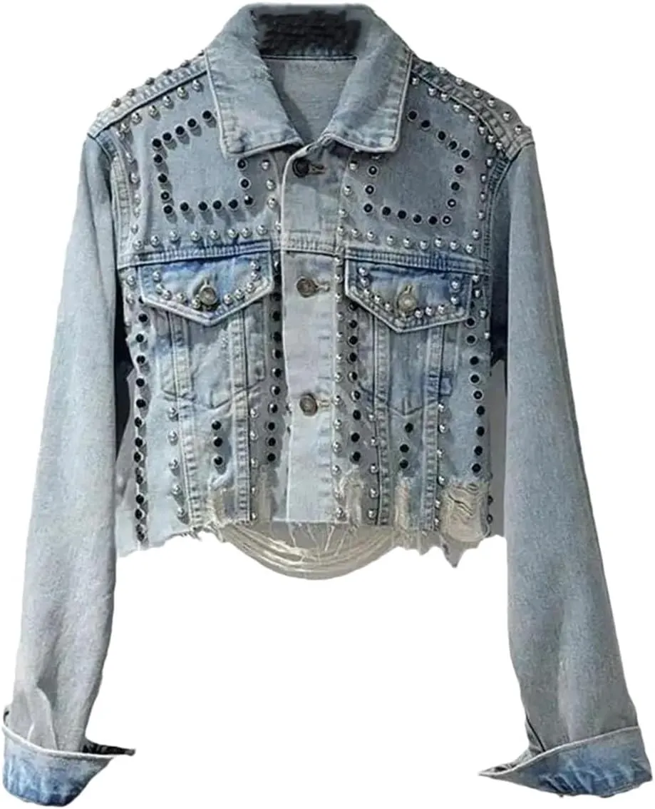 Women's Denim Coat Embroidered Flares Broken Holes Rivets Single Breasted Short Jackets