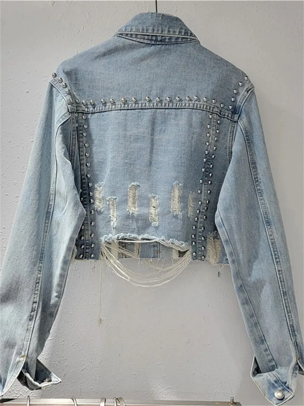 Women's Denim Coat Embroidered Flares Broken Holes Rivets Single Breasted Short Jackets