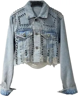 Women's Denim Coat Embroidered Flares Broken Holes Rivets Single Breasted Short Jackets