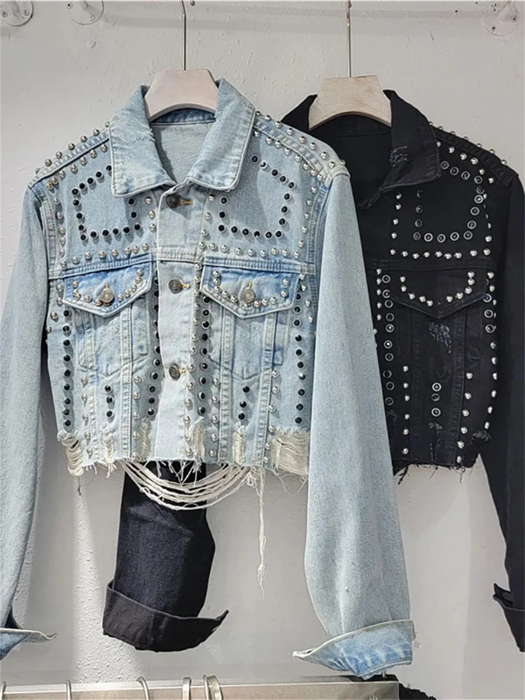 Women's Denim Coat Embroidered Flares Broken Holes Rivets Single Breasted Short Jackets
