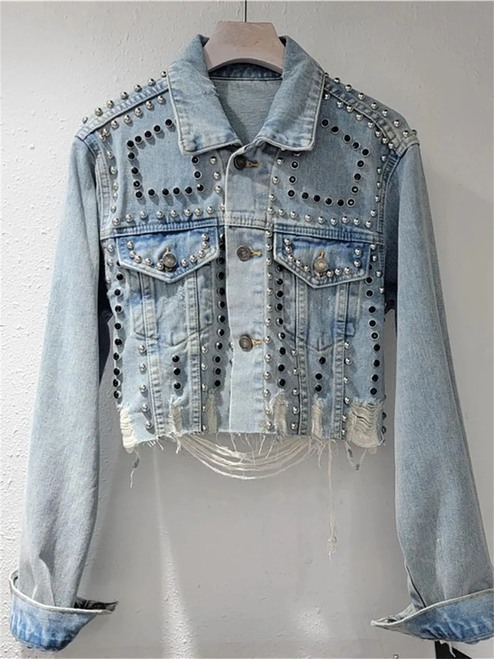 Women's Denim Coat Embroidered Flares Broken Holes Rivets Single Breasted Short Jackets