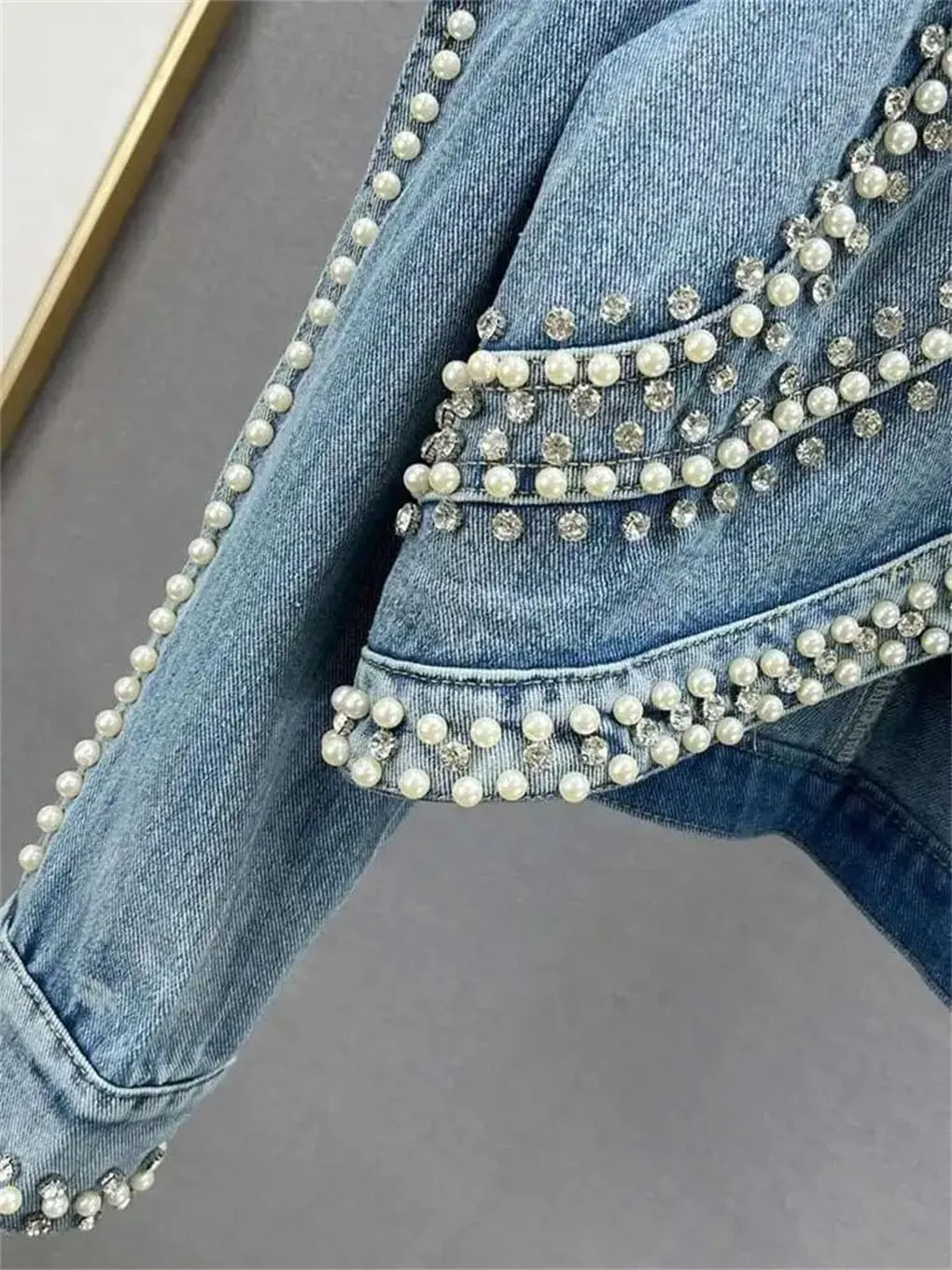 Women's Denim Coat Irregular Embroidered Flares Pearls Single Breasted Slim Cropped Jackets