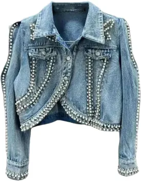 Women's Denim Coat Irregular Embroidered Flares Pearls Single Breasted Slim Cropped Jackets