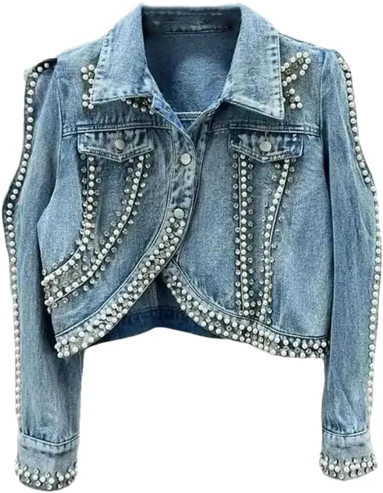 Women's Denim Coat Irregular Embroidered Flares Pearls Single Breasted Slim Cropped Jackets