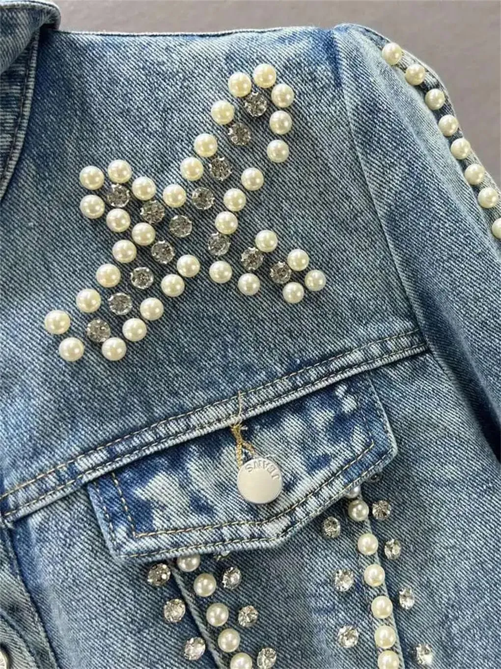 Women's Denim Coat Irregular Embroidered Flares Pearls Single Breasted Slim Cropped Jackets