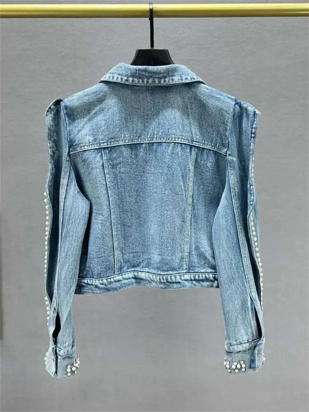 Women's Denim Coat Irregular Embroidered Flares Pearls Single Breasted Slim Cropped Jackets