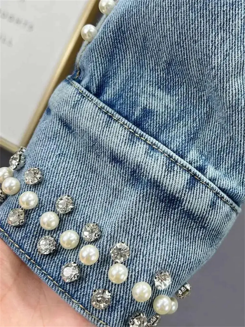 Women's Denim Coat Irregular Embroidered Flares Pearls Single Breasted Slim Cropped Jackets