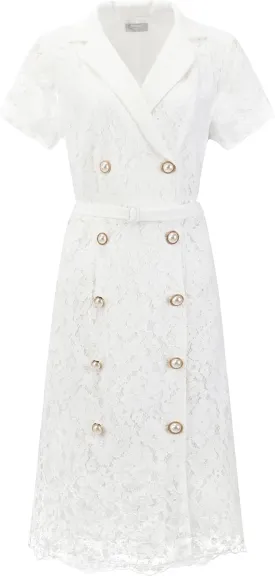 Women's Floral Lace Dress Double Breasted Belted Short Sleeve Cocktail Wedding A-Line Dresses