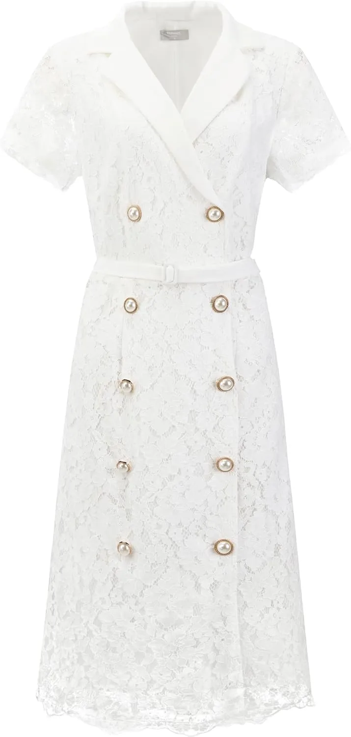 Women's Floral Lace Dress Double Breasted Belted Short Sleeve Cocktail Wedding A-Line Dresses