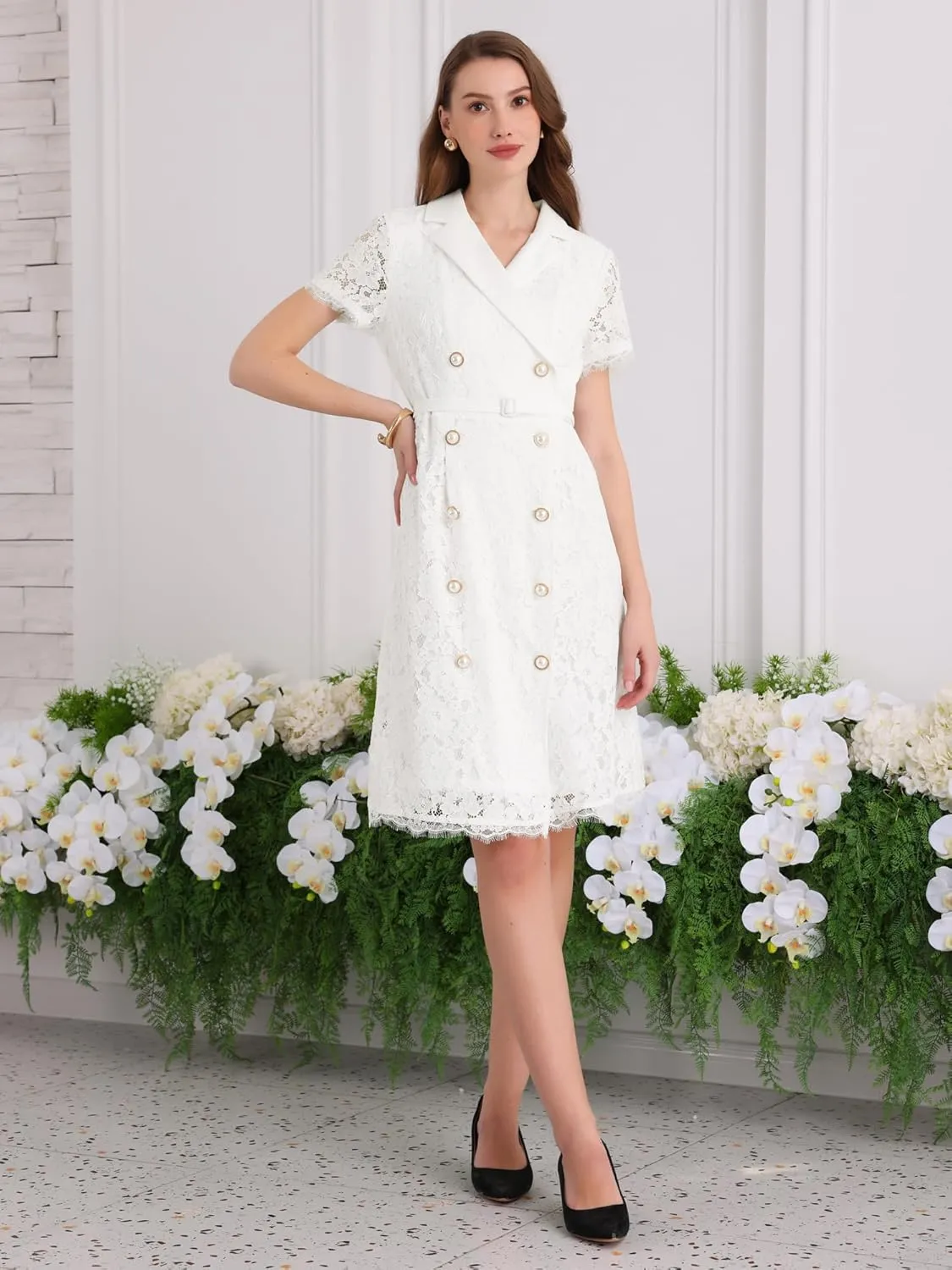 Women's Floral Lace Dress Double Breasted Belted Short Sleeve Cocktail Wedding A-Line Dresses