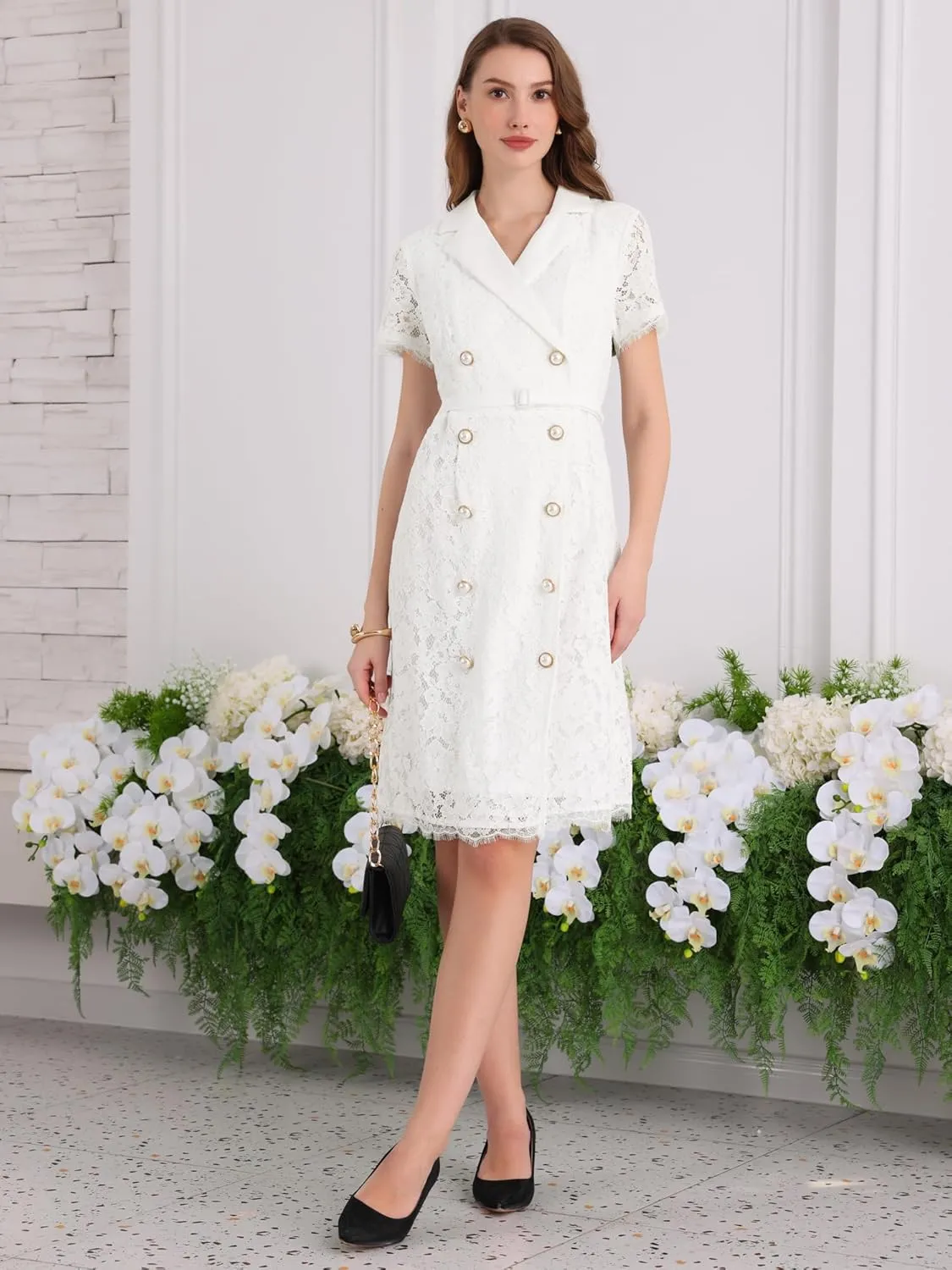 Women's Floral Lace Dress Double Breasted Belted Short Sleeve Cocktail Wedding A-Line Dresses