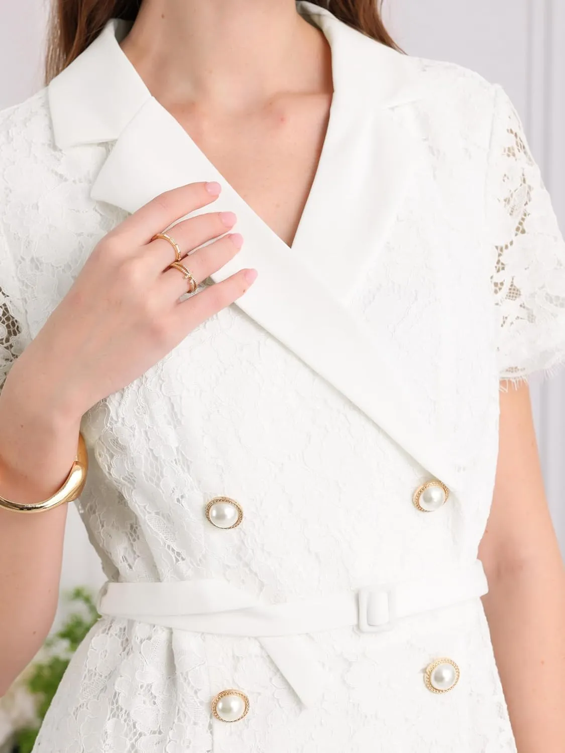 Women's Floral Lace Dress Double Breasted Belted Short Sleeve Cocktail Wedding A-Line Dresses