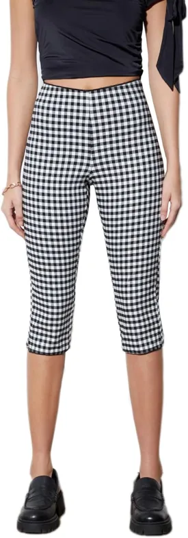 Womens Gingham Capri Pants High Waisted Skinny Fit Lace Cuffs Plaid Short Pants Summer Capris Leggings