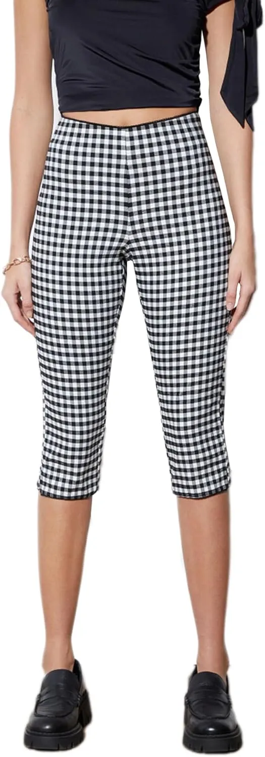 Womens Gingham Capri Pants High Waisted Skinny Fit Lace Cuffs Plaid Short Pants Summer Capris Leggings
