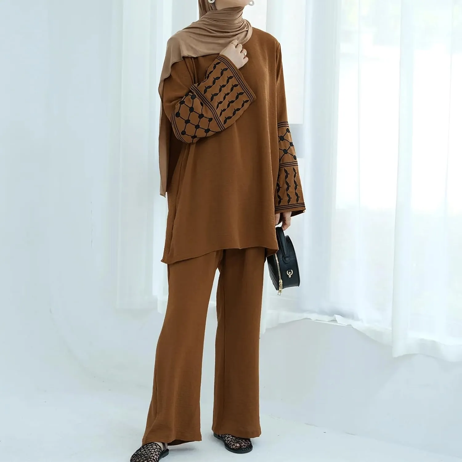 Women's Top   Pants Eid Ramadan Muslim Two-piece Outfits Embroidered Dubai Abaya Islamic Arabic Clothing