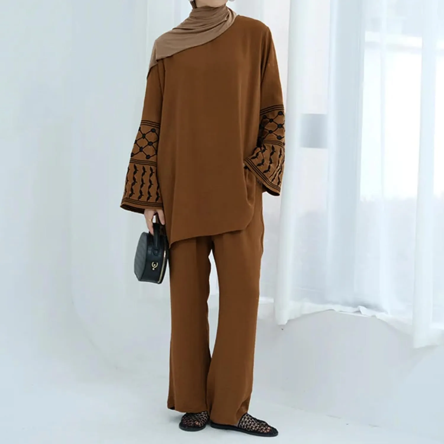 Women's Top   Pants Eid Ramadan Muslim Two-piece Outfits Embroidered Dubai Abaya Islamic Arabic Clothing