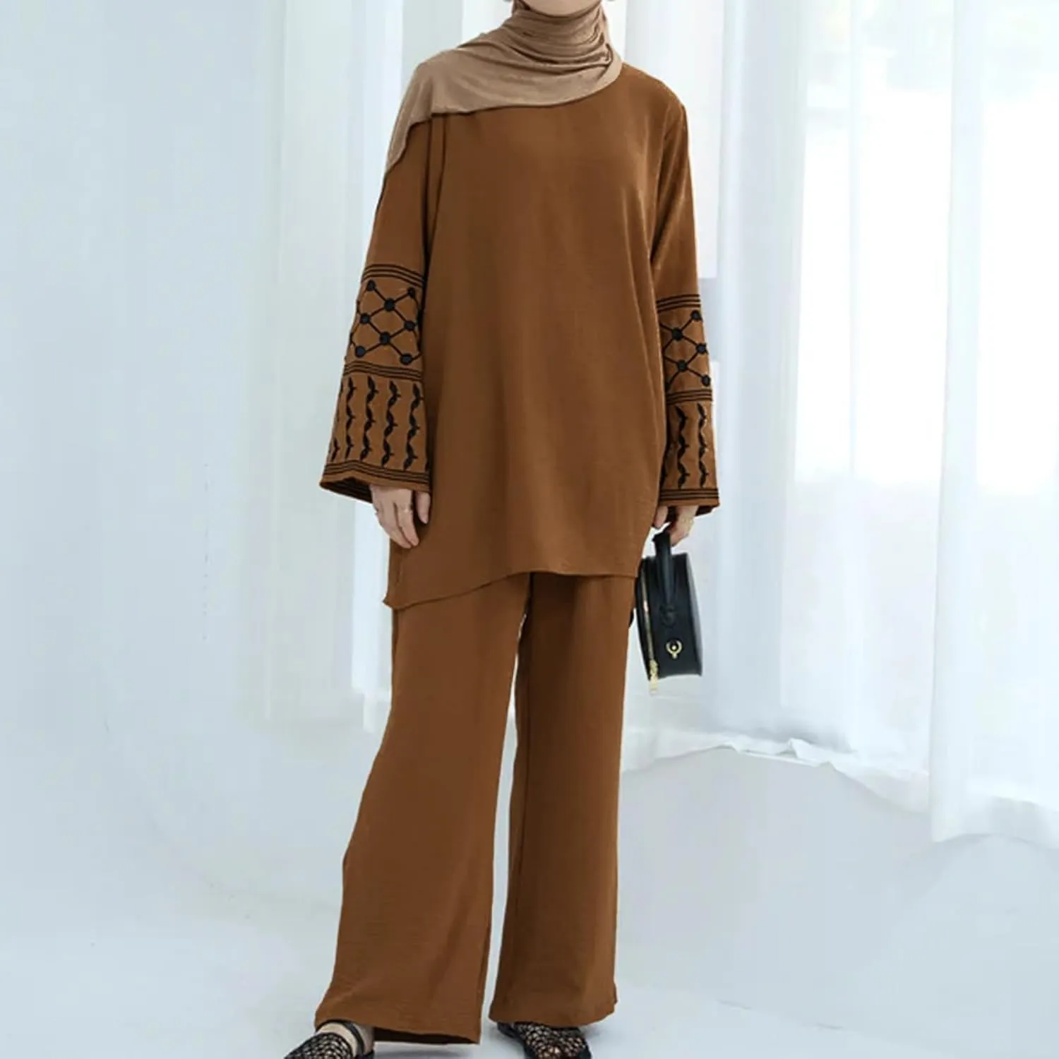 Women's Top   Pants Eid Ramadan Muslim Two-piece Outfits Embroidered Dubai Abaya Islamic Arabic Clothing