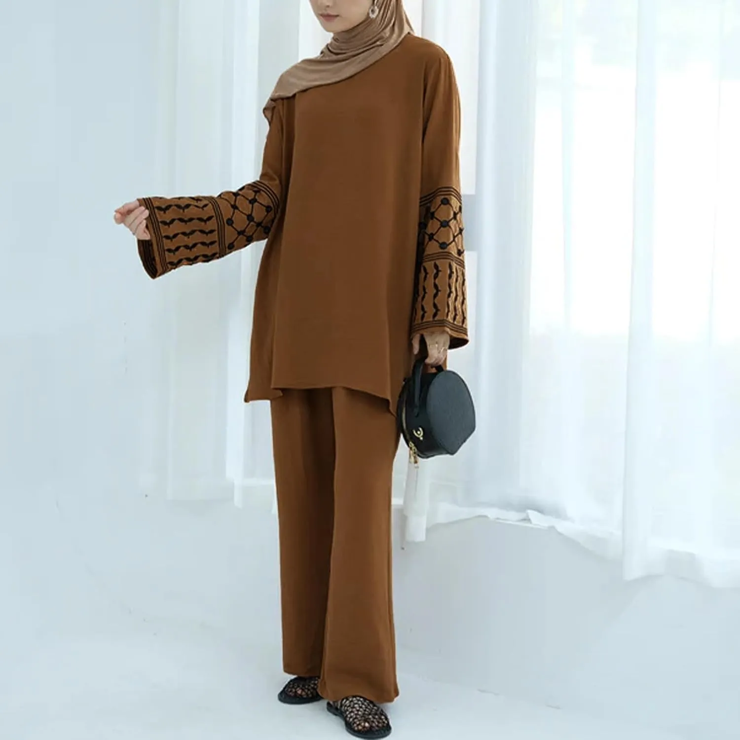 Women's Top   Pants Eid Ramadan Muslim Two-piece Outfits Embroidered Dubai Abaya Islamic Arabic Clothing