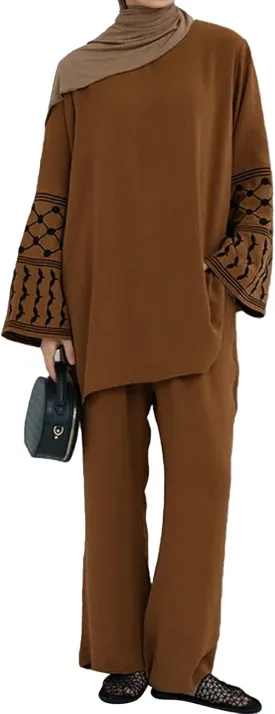 Women's Top   Pants Eid Ramadan Muslim Two-piece Outfits Embroidered Dubai Abaya Islamic Arabic Clothing