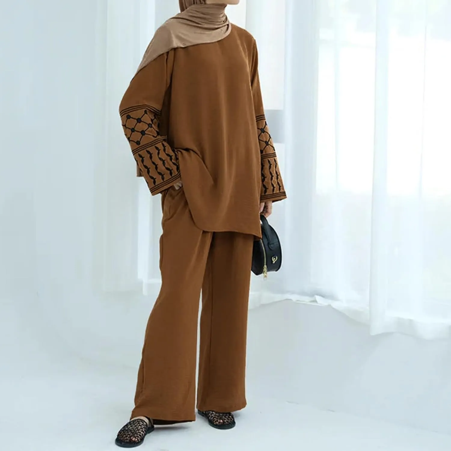 Women's Top   Pants Eid Ramadan Muslim Two-piece Outfits Embroidered Dubai Abaya Islamic Arabic Clothing