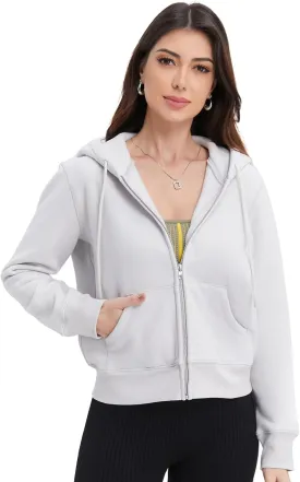 Womens Zip Up Cropped Hoodie Trendy Fall Sweatshirts Winter Fleece Cotton Comfy Long Sleeve