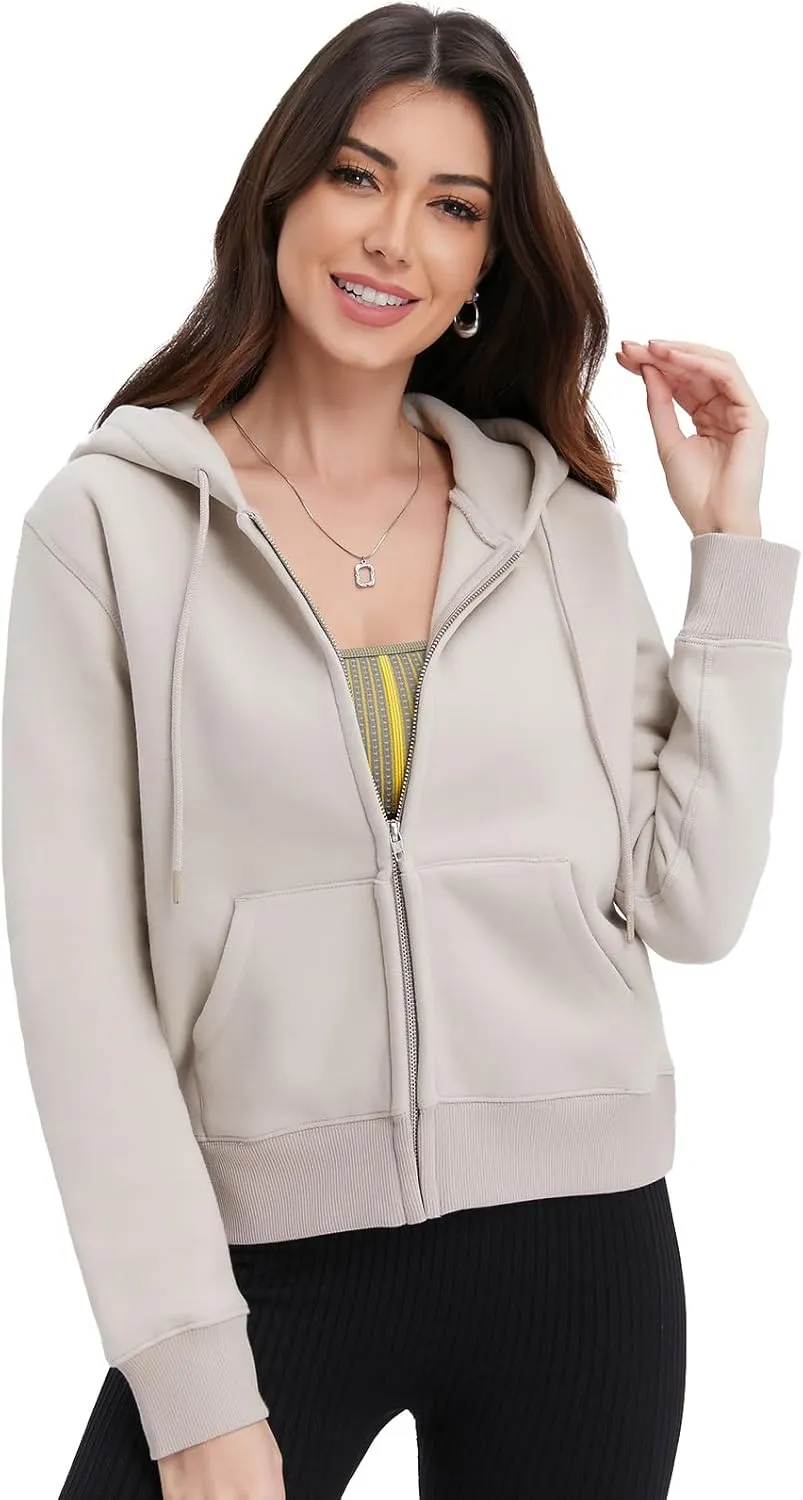Womens Zip Up Cropped Hoodie Trendy Fall Sweatshirts Winter Fleece Cotton Comfy Long Sleeve