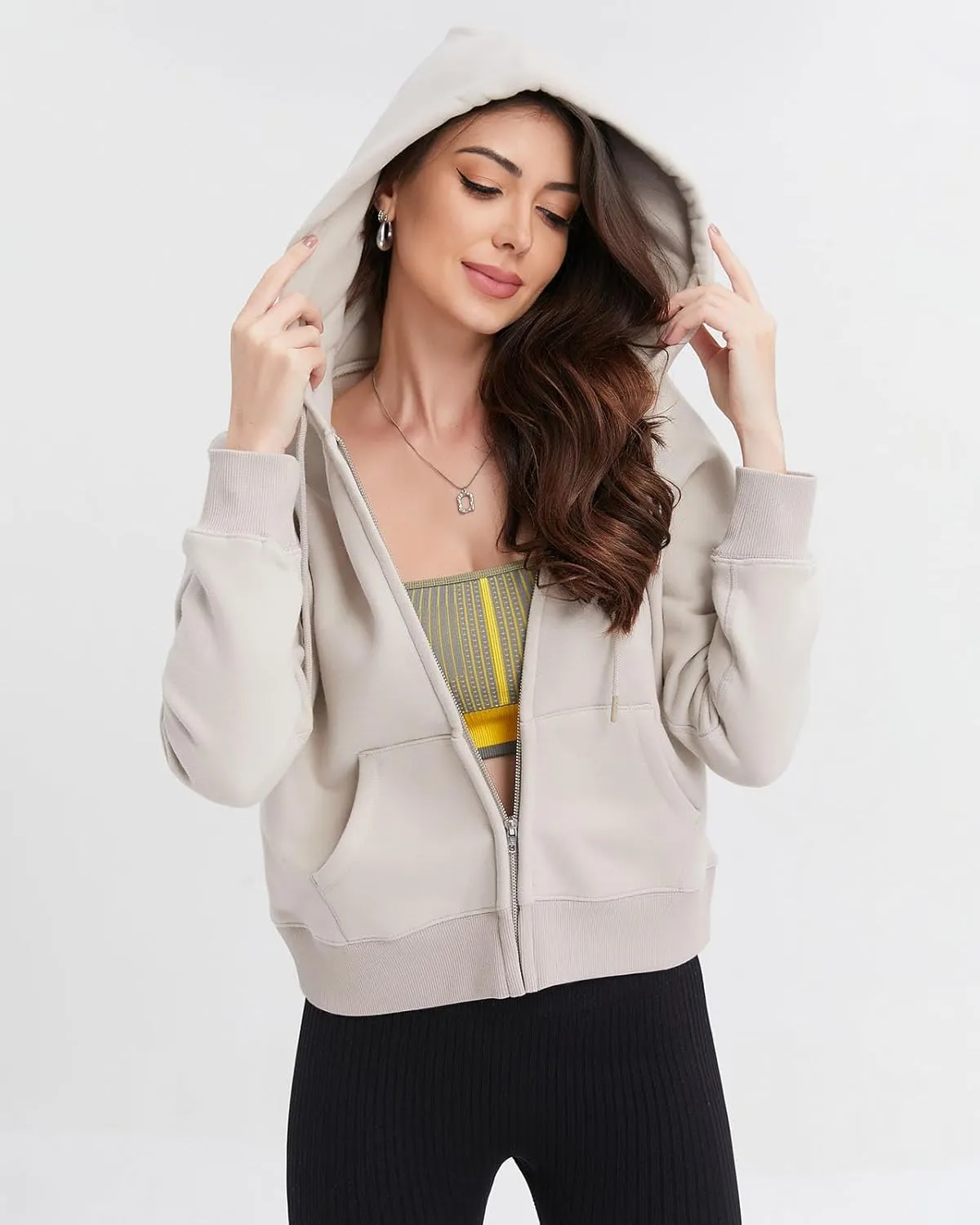 Womens Zip Up Cropped Hoodie Trendy Fall Sweatshirts Winter Fleece Cotton Comfy Long Sleeve